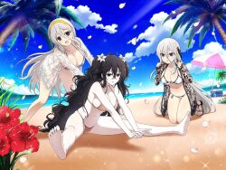 Rule 34 | 3girls, :d, :o, assisted stretching, bare shoulders, barefoot, beach, beach towel, beach umbrella, bikini, black eyes, black hair, blue sky, blush, breasts, brown bikini, cheering, cleavage, cloud, cooler, day, falling petals, flower, fubuki (senran kagura), gekkou (senran kagura), grass, green eyes, grey bikini, grey hair, groin, hair between eyes, hair flower, hair ornament, hairband, hands on another&#039;s back, hibiscus, horizon, jewelry, large breasts, lens flare, light particles, long hair, looking at another, looking at viewer, mountain, multiple girls, navel, ocean, official art, open mouth, outdoors, palm leaf, palm tree, pentagram, petals, pink umbrella, plant, red flower, sand, sandals, senkou (senran kagura), senran kagura, senran kagura new link, shiny skin, shore, siblings, sidelocks, sisters, sitting, sky, smile, sparkle, star (symbol), star hair ornament, stretching, sunlight, swimsuit, tareme, towel, tree, tropical, tsurime, two-tone umbrella, umbrella, underboob, very long hair, water, waves, wavy hair, white bikini, white lily, white umbrella, yaegashi nan, yellow hairband