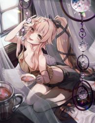 Rule 34 | 1girl, barefoot, blush, breasts, cleavage, collarbone, cup, highres, holding, holding cup, jewelry, kantai collection, long hair, looking at viewer, medium breasts, open mouth, pink hair, ponytail, ring, ruohire9, smile, solo, very long hair, wedding ring, window, yellow eyes, yura (kancolle), yura kai ni (kancolle)
