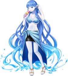 Rule 34 | 10s, 1girl, blue dress, blue eyes, blue hair, breasts, breasts apart, colored skin, cowboy shot, dina (monster musume), dress, eyebrows, full body, ice, jewelry, long hair, matching hair/eyes, medium breasts, monster girl, monster musume no iru nichijou, monster musume no iru nichijou online, pointy ears, ring, simple background, solo, swimsuit, undine, very long hair, wedding dress, wedding ring, white background, white skin
