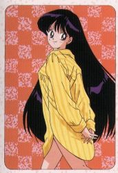Rule 34 | 1990s (style), bishoujo senshi sailor moon, bottomless, coy, earrings, eye contact, hands folded, hino rei, jewelry, long hair, looking at another, official art, oversized clothes, oversized shirt, pajamas, purple eyes, sailor mars, shirt, very long hair