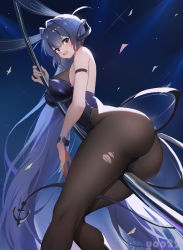 Rule 34 | 1girl, absurdres, ahoge, anchor symbol, animal ears, arm strap, artist name, ass, azur lane, between breasts, between legs, black pantyhose, blue eyes, blue hair, blue leotard, blush, breasts, chinese commentary, cowboy shot, fake animal ears, from below, hair between eyes, highres, large breasts, legs, leotard, light rays, long hair, looking at viewer, new jersey (azur lane), new jersey (exhilarating steps!) (azur lane), official alternate costume, open mouth, pantyhose, playboy bunny, pole, rabbit ears, signature, smile, solo, stage lights, stripper pole, thighs, torn clothes, torn pantyhose, very long hair, wrist cuffs, yuuri vv