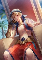 Rule 34 | 1boy, arabian clothes, armor, blonde hair, cloud, day, earrings, fate/grand order, fate (series), gilgamesh, gilgamesh (caster) (fate), gilgamesh (fate), gold armor, hand on own cheek, hand on own face, head rest, jewelry, looking at viewer, male focus, navel, outdoors, red eyes, shin716, short hair, shoulder tattoo, sitting, sky, smile, solo, tattoo, teeth, throne, toned, toned male