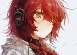 Rule 34 | 1girl, absurdres, arknights, asakishiosugishiro, black shirt, exusiai (arknights), exusiai (city rider) (arknights), hair over one eye, headphones, highres, looking down, neckerchief, official alternate costume, portrait, red hair, red neckerchief, shirt, short hair, simple background, solo, white background, yellow eyes