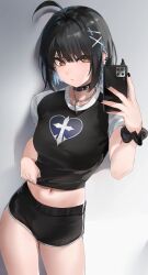 Rule 34 | 1girl, :/, absurdres, ahoge, arm scrunchie, barbell piercing, black choker, black hair, black nails, black scrunchie, black shorts, blue hair, breasts, brown eyes, cellphone, choker, closed mouth, clothes lift, collar, colored inner hair, commentary, cowboy shot, cross, cross earrings, cross hair ornament, cross print, dolphin shorts, ear piercing, earclip, earrings, english commentary, fingernails, glint, gluteal fold, gradient background, hair ornament, heart, heart print, highres, holding, holding phone, industrial piercing, irene (kanniiepan), jewelry, kanniiepan, latin cross, leaning to the side, lifted by self, looking at phone, medium breasts, midriff, mole, mole on cheek, multicolored hair, nail polish, navel, necklace, original, pendant, phone, piercing, raglan sleeves, scrunchie, shadow, shirt, shirt lift, short hair, short sleeves, shorts, smartphone, solo, studded choker, t-shirt, thighs, two-tone hair, wrist scrunchie, x hair ornament