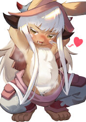 Rule 34 | 1girl, absurdres, animal ears, arms up, blush, body fur, brown fur, cleft of venus, clothes pull, furry, furry female, heart, highres, long hair, made in abyss, nanachi (made in abyss), open mouth, pants, pants pull, pussy, pussy juice, simple background, solo, spread legs, squatting, tan liao, white background, white hair