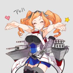 Rule 34 | 1girl, ^ ^, blowing kiss, blue skirt, breast pocket, breasts, closed eyes, cowboy shot, drill hair, facing viewer, grey background, headgear, heart, honolulu (kancolle), kantai collection, kusanagi tonbo, large breasts, machinery, multicolored clothes, open mouth, outstretched arms, pocket, skirt, sleeveless, sleeveless jacket, solo, star (symbol), turret, twin drills