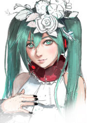 Rule 34 | 1girl, black nails, blue eyes, blue hair, close-up, flower, hair between eyes, hair flower, hair ornament, hand on own chest, hatsune miku, looking at viewer, nail polish, nekkikamille, realistic, solo, twintails, vocaloid