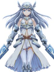 Rule 34 | 1girl, arifureta shokugyou de sekai saikyou, armor, arms at sides, bare shoulders, blue eyes, boots, breasts, choker, closed mouth, collar, detached sleeves, dress, expressionless, faulds, female focus, gauntlets, greaves, hair between eyes, hair lift, headgear, headpiece, helmet, highres, holding, holding weapon, legs together, long hair, looking at viewer, medium breasts, miniskirt, navel, noint, official art, pleated skirt, shiny skin, sidelocks, simple background, skirt, sleeveless, sleeveless dress, solo, standing, sword, takayaki, thighhighs, weapon, white dress, white hair, white skirt