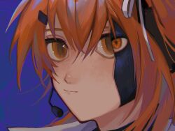 Rule 34 | 1girl, a.i. voice, absurdres, adachi rei, blue background, close-up, closed mouth, damaged, hair between eyes, hair ornament, hair ribbon, hairclip, headset, highres, kotate, looking at viewer, orange eyes, orange hair, portrait, ribbon, skinsuit, solo, utau, white ribbon