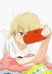 Rule 34 | 1girl, bag of chips, barefoot, blonde hair, blush, bouen, brown eyes, cellphone, closed mouth, feet up, foreshortening, futaba anzu, grey background, hair between eyes, handheld game console, highres, idolmaster, idolmaster cinderella girls, lips, long hair, looking to the side, lying, messy hair, on stomach, phone, playstation portable, revision, shirt, short sleeves, simple background, smartphone, solo, stuffed animal, stuffed rabbit, stuffed toy, t-shirt