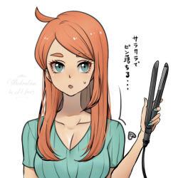 Rule 34 | 1girl, ahoge, artist name, breasts, cleavage, collarbone, commentary request, creatures (company), echizen (n fns17), female focus, game freak, green eyes, green nails, green shirt, hair down, hair straightener, hand up, heart, holding, long hair, nail polish, nintendo, orange hair, pokemon, pokemon swsh, ribbed shirt, shirt, simple background, solo, sonia (pokemon), sweatdrop, translation request, upper body, v-neck, white background