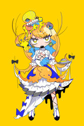 Rule 34 | 1girl, animal, animal on head, asymmetrical hair, asymmetrical skirt, black bow, black footwear, black ribbon, blonde hair, blue bow, blue hair, bow, bow skirt, bright pupils, capelet, check copyright, cleavage cutout, clothing cutout, collared capelet, colored inner hair, commentary request, copyright request, diamond-shaped pupils, diamond (shape), dress, flat chest, food-themed hair ornament, full body, giraffe, hair bow, hair ornament, hairclip, high collar, high contrast, highres, knees, leg ribbon, long hair, long skirt, medium dress, mismatched eyebrows, multicolored hair, octopus, on head, open mouth, original, ribbon, sharp teeth, shoes, short sleeves, simple background, skirt, socks, solo, symbol-shaped pupils, teeth, tentacle hair, terada tera, upper teeth only, very long hair, white capelet, white dress, white pupils, white skirt, white sleeves, white socks, yellow background, yellow eyes