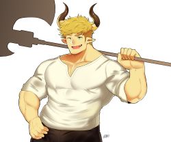 Rule 34 | 1boy, absurdres, axe, bara, blonde hair, blush, draph, fujimachine (clayten), granblue fantasy, green eyes, highres, horns, large pectorals, looking at viewer, male focus, muscular, over shoulder, pectorals, smile, solo, toned, toned male, vane (granblue fantasy), weapon, weapon over shoulder