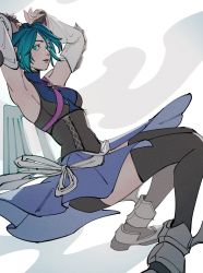 Rule 34 | 1girl, animal ears, aqua (kingdom hearts), armpits, black thighhighs, blue eyes, blue hair, breasts, cat ears, fake animal ears, floating, hands up, highres, kingdom hearts, kingdom hearts birth by sleep, looking at viewer, oimo (oimkimn), open mouth, small breasts, solo, thighhighs