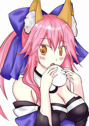 Rule 34 | 10s, 1girl, absurdres, animal ears, bare shoulders, blush, bow, breasts, cleavage, detached sleeves, fate/extra, fate (series), food, fox ears, hair bow, hair ribbon, highres, japanese clothes, long hair, looking at viewer, open mouth, pink hair, ribbon, simple background, solo, tamamo no mae (fate/extra), twintails, white background, yellow eyes