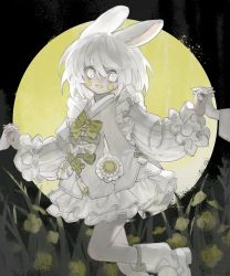 Rule 34 | 1girl, animal ears, black background, boots, bow, dress, field, flower, frilled dress, frilled sleeves, frills, frost fog, full moon, grass, happy, highres, holding hands, looking to the side, moon, original, rabbit, rabbit ears, ribbon-trimmed sleeves, ribbon trim, shoes, skipping, walking, white eyes, white hair, yellow flower, yellow moon