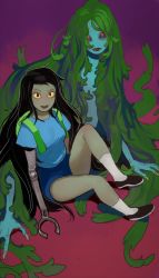 Rule 34 | 2girls, :d, absurdres, adventure time, black eyes, black hair, blue sclera, blue shirt, blue shorts, colored sclera, dual persona, fingernails, green hair, highres, long hair, looking at viewer, mechanical arms, monster girl, mossacannibalis, multiple girls, open mouth, plant hair, prosthesis, prosthetic arm, red background, red eyes, seaweed, shirt, shoes, shoko (adventure time), shorts, single mechanical arm, sitting, smile, socks, very long hair, white legwear, yellow sclera