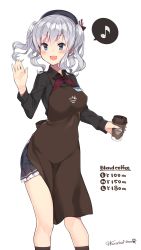 Rule 34 | 10s, 1girl, alternate costume, apron, bad id, bad pixiv id, beret, black shirt, blouse, blue eyes, breasts, brown socks, character name, check commentary, coffee cup, commentary request, cup, disposable cup, employee uniform, hat, highres, holding, holding cup, kantai collection, kashima (kancolle), kneehighs, kuro chairo no neko, large breasts, lawson, long hair, long sleeves, looking at viewer, miniskirt, musical note, name tag, open mouth, pleated skirt, price tag, quaver, salute, shirt, sidelocks, silver hair, simple background, skirt, socks, solo, spoken musical note, tsurime, twintails, twitter username, uniform, wavy hair, white background