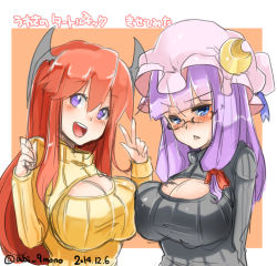 Rule 34 | 2girls, abi (abimel10), asymmetrical docking, bespectacled, blue eyes, breast press, breasts, cleavage, cleavage cutout, clothing cutout, crescent, glasses, hair ribbon, hat, head wings, koakuma, large breasts, long hair, looking at viewer, meme attire, mob cap, multiple girls, open-chest sweater, patchouli knowledge, purple eyes, purple hair, red hair, ribbed sweater, ribbon, sketch, sweater, touhou, v, wings