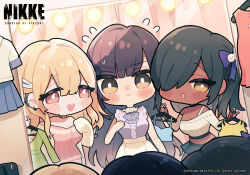 Rule 34 | 3girls, :d, artist request, black choker, black hair, black skirt, blonde hair, blue camisole, blue sky, blunt bangs, blunt ends, blush, blush stickers, bow, bowtie, breasts, camisole, cardigan, center frills, chibi, choker, cleavage, closed mouth, clothes hanger, collar, company name, copyright name, copyright notice, cropped shirt, cropped torso, dark skin, detached sleeves, double-parted bangs, dress, earclip, earrings, eyelashes, facing away, flying sweatdrops, frilled shirt, frills, goddess of victory: nikke, green dress, hair between eyes, hair bow, hair intakes, hair ornament, hair over one eye, hairclip, high-waist skirt, highres, holding clothes hanger, jewelry, light bulb, long bangs, long hair, long sleeves, looking at mirror, marciana (nikke), medium hair, midriff, miniskirt, mirror, mole, mole under eye, multiple girls, naga (nikke), navel, nose blush, off-shoulder dress, off-shoulder shirt, off shoulder, official art, one eye covered, open cardigan, open clothes, open mouth, orange dress, pink dress, pink eyes, pleated skirt, purple bow, purple bowtie, purple hair, purple shirt, reflection, shirt, single sleeve, single strap, skirt, sky, sleeveless, sleeveless shirt, sleeves past fingers, sleeves past wrists, smile, sweat, swept bangs, teeth, tia (nikke), unworn clothes, upper teeth only, white collar, white shirt, yellow cardigan, yellow dress, yellow eyes, yellow shirt, yellow skirt