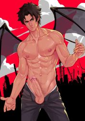 Rule 34 | 1boy, abs, devilman, devilman crybaby, erection, highres, male focus, nipples, outdoors, penis, topless male, solo, undressing