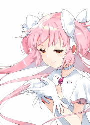 Rule 34 | 1girl, breasts, choker, cleavage, cleavage cutout, closed mouth, clothing cutout, collarbone, cupping hands, dot nose, eyelashes, floating hair, gloves, hair ribbon, half-closed eyes, hands up, kaname madoka, light smile, lips, long hair, looking down, mahou shoujo madoka magica, mahou shoujo madoka magica (anime), nasunoko, own hands together, pink hair, ribbon, shaded face, sidelocks, simple background, small breasts, solo, straight hair, two side up, ultimate madoka, upper body, very long hair, white background, white choker, white gloves, white neckwear, white ribbon, wide sleeves, yellow eyes
