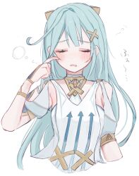 Rule 34 | 1girl, absurdres, alternate hairstyle, arrow print, bare shoulders, blue hair, blush, breasts, closed eyes, commentary request, cross print, dress, faruzan (genshin impact), flying sweatdrops, genshin impact, gold trim, hair ornament, hand up, highres, karua0621, long hair, medium breasts, off-shoulder dress, off shoulder, open mouth, puffy short sleeves, puffy sleeves, short sleeves, simple background, solo, standing, white background, white dress, x hair ornament
