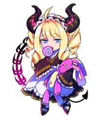 Rule 34 | 1girl, ahoge, bad id, bad twitter id, blue eyes, candy, chibi, commentary request, demon horns, demon tail, drill hair, eating, fang, food, hairband, holding, horns, lollipop, long sleeves, looking at viewer, maruchi, pointy ears, simple background, sleeves past fingers, sleeves past wrists, slit pupils, solo, stuffed animal, stuffed rabbit, stuffed toy, tail, white background, wide sleeves
