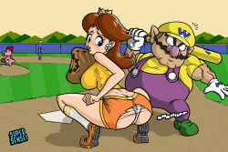 Rule 34 | 2boys, 2girls, ?, arms at sides, artist name, ass, ball, bare shoulders, baseball, baseball base, baseball bat, baseball glove, baseball stadium, big nose, birdo, blue eyes, blue overalls, blush, bow, breasts, brown footwear, brown hair, brown sky, butt crack, claws, cleft chin, closed eyes, closed mouth, constricted pupils, crown, curvy, dimples of venus, earrings, embarrassed, eyelashes, facial hair, fat, fat man, flipped hair, flower earrings, from behind, furrowed brow, galaspek, gloves, grass, green footwear, green headwear, green shirt, hat, head tilt, highres, holding, holding ball, holding baseball bat, jewelry, kneehighs, large breasts, legs, legs apart, lips, long sleeves, looking at another, looking back, looking down, luigi, mario (series), mario superstar baseball, medium hair, mountain, mountainous horizon, multiple boys, multiple girls, mustache, narrow waist, nintendo, notice lines, orange footwear, orange shorts, outdoors, outstretched arm, over shoulder, overalls, panties, pantyshot, parted lips, pink lips, pixel art, pointy ears, pointy footwear, princess daisy, puckered lips, purple overalls, red bow, shadow, shirt, shoes, short shorts, short sleeves, shorts, sky, sleeveless, sleeveless shirt, sneakers, socks, sound effects, sprite, squatting, standing, supersensei, surprised, sweat, tail, thick eyebrows, thighs, tiptoes, torn clothes, torn shorts, underwear, wardrobe malfunction, wario, white gloves, white legwear, white panties, white socks, yellow headwear, yellow shirt