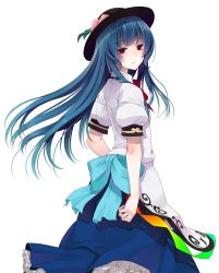 Rule 34 | 1girl, blue hair, bow, crote, expressionless, female focus, food, fruit, hat, highres, hinanawi tenshi, long hair, looking at viewer, looking back, peach, puffy sleeves, red eyes, shirt, short sleeves, solo, touhou, transparent background