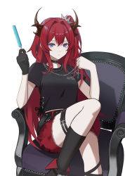 Rule 34 | 1girl, absurdres, arknights, armchair, bad id, bad pixiv id, belt, black belt, black collar, black footwear, black gloves, black shirt, black socks, breasts, chain, chair, collar, cross, cross necklace, crown, demon horns, expressionless, feet out of frame, food, gloves, hair between eyes, hair intakes, highres, holding food, holding ice cream, horns, ice cream, jewelry, kit, knee up, long hair, looking at viewer, mini crown, necklace, official alternate costume, one side up, popsicle, purple eyes, red shirt, shirt, shoes, short sleeves, simple background, single glove, sitting, small breasts, socks, solo, surtr (arknights), surtr (liberte echec) (arknights), t-shirt, thigh strap, very long hair, white background