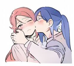 Rule 34 | 2girls, blue hair, blush, closed eyes, closed mouth, commentary request, grey shirt, hand on another&#039;s neck, kiss, kissing cheek, korean commentary, long hair, love live!, love live! sunshine!!, matsuura kanan, multiple girls, one eye closed, pito (sh02327), ponytail, red hair, sakurauchi riko, shirt, simple background, upper body, white background, yuri
