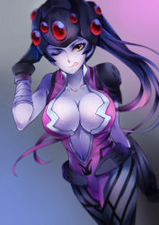 Rule 34 | 1girl, ;q, bandaged arm, bandages, black gloves, blue background, bodysuit, breasts, center opening, cleavage, collarbone, colored skin, cowboy shot, gloves, gradient background, hand on headwear, head-mounted display, large breasts, licking lips, long hair, looking at viewer, one eye closed, overwatch, overwatch 1, ponytail, purple background, purple hair, purple skin, sevenann, solo, tongue, tongue out, very long hair, widowmaker (overwatch), yellow eyes