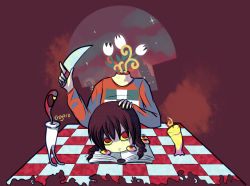 Rule 34 | 1girl, bad id, bad pixiv id, book, building, eyeball, flower, knife, madotsuki, red background, severed head, solo, thayora, yume nikki occult