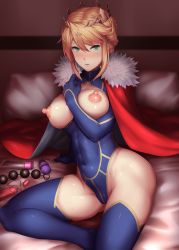 Rule 34 | 1girl, ahoge, anal beads, artoria pendragon (all), artoria pendragon (fate), artoria pendragon (lancer) (fate), blonde hair, blue thighhighs, blush, braid, breasts, cape, covered navel, crown, crown braid, fate/grand order, fate (series), green eyes, heart, heart-shaped pupils, heattech leotard, highres, kageshio (276006), large breasts, long hair, looking at viewer, nipples, open clothes, red cape, saber (fate), sex toy, solo, symbol-shaped pupils, thighhighs, turtleneck, vibrator