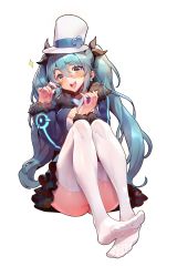 Rule 34 | 1girl, absurdres, ass, blue eyes, blue hair, blush, book, breasts, coat, collar, collarbone, earrings, feet, full body, fur trim, hair ribbon, hat, hatsune miku, highres, holding, holding book, jewelry, long hair, long sleeves, looking at viewer, medium breasts, muloli, no shoes, open mouth, poker, ribbon, sitting, skirt, smile, solo, teeth, thighhighs, toes, top hat, transparent background, twintails, upper teeth only, vocaloid, wavy hair, white thighhighs