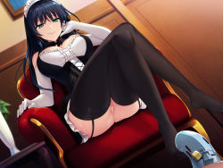 Rule 34 | 1girl, artist request, black hair, breasts, chair, chastity cage, cleavage, crossed legs, dress, feet, femdom, gloves, green eyes, highres, lock, long hair, looking down, maid, maid headdress, mole, no panties, out of frame, penis, precum, pussy, sitting, smile, thighhighs