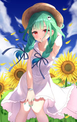 Rule 34 | 1girl, :o, absurdres, adjusting clothes, alternate costume, alternate hairstyle, arm up, armpits, blue ribbon, blue sky, blush, bracelet, braid, clothes lift, cloud, commentary, dress, dress lift, flower, frilled dress, frills, green hair, green nails, hair ornament, hair ribbon, hand on headwear, hat, highres, hololive, jewelry, leaning forward, medium hair, nail polish, open mouth, outdoors, red eyes, ribbon, saki (saki paint), skull hair ornament, sky, sleeveless, sleeveless dress, solo, straw hat, sunflower, sunflower petals, twin braids, uruha rushia, virtual youtuber, white dress, wind, wind lift