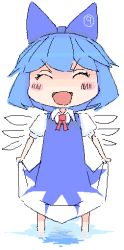 Rule 34 | 1girl, ^ ^, bow, chibi, circled 9, cirno, clear cross, closed eyes, female focus, oekaki, simple background, smile, solo, standing, touhou, v-shaped eyebrows, wading, white background