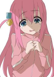 Rule 34 | 1girl, absurdres, blue eyes, bocchi the rock!, crying, crying with eyes open, cube hair ornament, gotoh hitori, hair between eyes, cube hair ornament, hair ornament, highres, jacket, kicchi (tmgk), long hair, nervous, one side up, own hands together, pink hair, pink jacket, simple background, sketch, solo, tears, track jacket, upper body, wavy mouth, white background