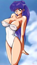 Rule 34 | 1girl, akane (cgbox), bare shoulders, breasts, cameltoe, cleavage, covered erect nipples, highres, huge breasts, large breasts, covered erect nipples, nipples visible through clothes, purple eyes, purple hair, ranma 1/2, shampoo (ranma 1/2), shiny skin, swimsuit, thighs, transparent