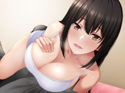 Rule 34 | 1girl, bare shoulders, black hair, blouse, breasts, bulge, camisole, cleavage, collarbone, erection, erection under clothes, eyelashes, fingernails, grey shirt, hair between eyes, hand on own chest, indoors, large breasts, long fingernails, long hair, looking at viewer, lying, mole, mole under mouth, open mouth, original, shirt, smile, solo, solo focus, takoneru, thighs, white camisole, yellow background