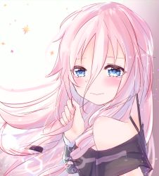 Rule 34 | 1girl, bad id, bad pixiv id, bare shoulders, black shirt, blouse, blue eyes, blush, cevio, commentary, floating hair, from side, frown, hair between eyes, highres, ia (vocaloid), long hair, nail polish, off-shoulder shirt, off shoulder, pink hair, pink nails, shirt, solo, tsukizuumi, upper body, very long hair, vocaloid