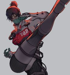 Rule 34 | 1girl, apex legends, black hair, blue eyes, bodysuit, boots, breasts, cable, clenched hand, glowing, glowing eyes, grey background, grey footwear, hair behind ear, hair bun, highres, kicking, looking at viewer, mask, medium breasts, mouth mask, open hand, parted bangs, quarantine 722 wraith, single hair bun, solo, tsukura sae, white bodysuit, wraith (apex legends)