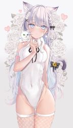 Rule 34 | 1girl, absurdres, akino ell, animal, animal ears, bare arms, bare shoulders, bell, blue eyes, bow, braid, breasts, cat, cat ears, cat girl, cat tail, covered navel, cowboy shot, fishnet thighhighs, fishnets, flower, groin, hair bow, hair flower, hair ornament, heart, highleg, highleg leotard, highres, jingle bell, kittysuit, leotard, long hair, looking at viewer, medium breasts, mole, mole under eye, nontraditional playboy bunny, original, rose, solo, standing, tail, tail bow, tail ornament, thighhighs, very long hair, white cat, white flower, white hair, white leotard, wing collar, x hair ornament