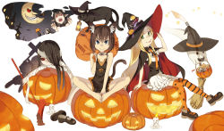 Rule 34 | 4girls, animal ears, bad id, bad pixiv id, bandages, barefoot, black hair, blonde hair, blue eyes, candle, cat, cat ears, cat tail, feet, feet together, ghost, green eyes, halloween, halloween costume, hat, horns, jack-o&#039;-lantern, kimura (ykimu), long hair, multiple girls, open mouth, original, pointy ears, red eyes, short hair, tail, thighhighs, toes, witch hat