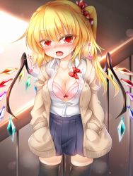 Rule 34 | 1girl, alternate breast size, beige jacket, black thighhighs, blonde hair, blue skirt, blush, bow, bra, breasts, breath, cardigan, cleavage, commentary request, cowboy shot, crystal, eyelashes, fang, flandre scarlet, grey background, hair between eyes, hair ornament, hair scrunchie, hands in pockets, head tilt, highres, jacket, large breasts, lens flare, long hair, long sleeves, looking at viewer, marukyuu ameya, miniskirt, no headwear, nose blush, one side up, open cardigan, open clothes, open jacket, open mouth, pink bra, pleated skirt, polka dot, pussy juice, pussy juice drip, railing, red bow, red eyes, red scrunchie, scrunchie, shirt, skirt, solo, standing, sweat, thighhighs, thighs, tongue, touhou, underwear, white shirt, wing collar, wings, zettai ryouiki