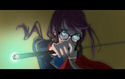 Rule 34 | 1girl, ak fall91, bell, black-framed eyewear, blue jacket, blurry, cape, close-up, dirty, dirty face, epaulettes, floating hair, fur trim, glasses, gold trim, green eyes, holding, holding sword, holding weapon, hoshimi junna, jacket, jingle bell, letterboxed, long hair, long sleeves, looking at viewer, purple hair, red cape, shoujo kageki revue starlight, side ponytail, solo, sword, upper body, wavy hair, weapon