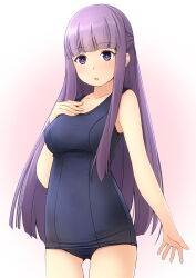 Rule 34 | 1girl, bare arms, bare shoulders, blue one-piece swimsuit, breasts, collarbone, commentary request, cowboy shot, fern (sousou no frieren), gluteal fold, gradient background, hand on own chest, hand up, highres, long hair, medium breasts, old school swimsuit, one-piece swimsuit, pink background, purple eyes, purple hair, school swimsuit, shibacha, solo, sousou no frieren, swimsuit, very long hair, white background