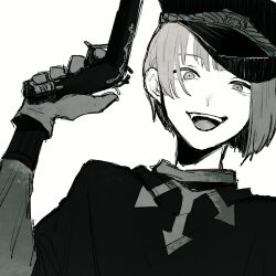 Rule 34 | 1girl, androgynous, black cloak, buna-buna-p, choppy bangs, cloak, crazy, crazy eyes, crossdressing, diagonal bangs, evil grin, evil smile, gloves, grey background, greyscale, grin, gun, hand up, hat, highres, holding, holding gun, holding weapon, jack jeanne, looking at viewer, military hat, monochrome, open mouth, portrait, short hair, smile, tachibana kisa, teeth, uniform, upper teeth only, weapon